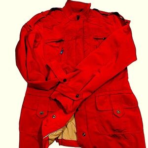 Red Windbreaker Fingertip Length with Six Pockets